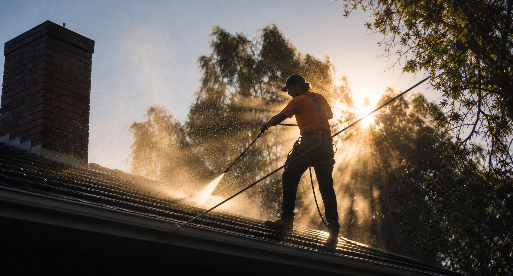 Worker in an orange Cool Hand Luke's shirt pressure-washing a rooftop, shot into the morning sun