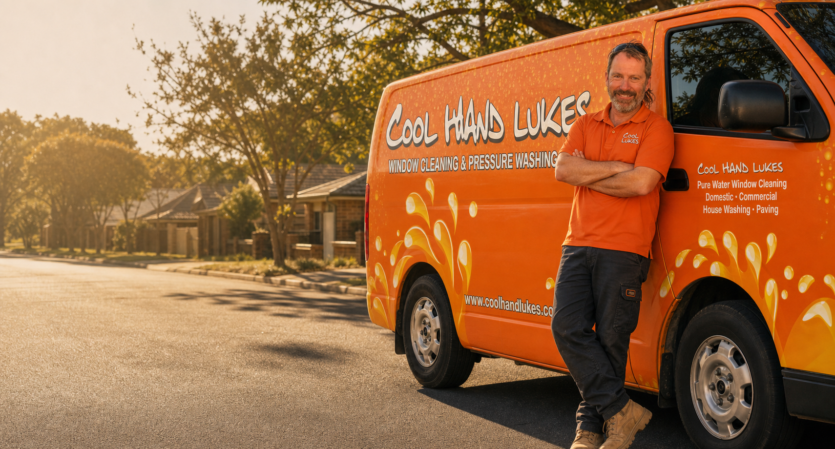 Luke standing with the orange Cool Hand Luke's van on a suburban Melbourne street